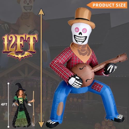 12FT Outdoor Inflatable Skeleton Cowboy with Banjo LED Lights - Halloween Yard Decor - Variation: Brown Cowboy