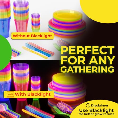Black Light Glow Party Plates - 60 Pack, 9 Inch Assorted Neon Disposable Plates - UV Reactive for Birthday & Neon Parties