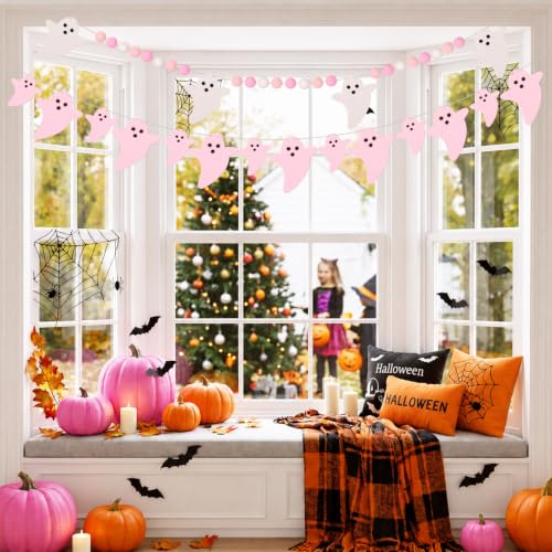 Pink Ghost Felt Garland - 3 Pack 6ft Halloween Decor with Adjustable Spacing