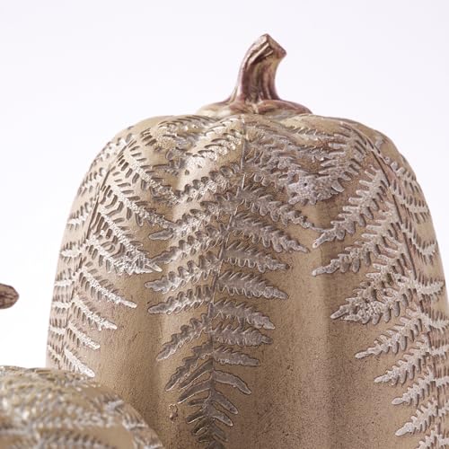 Fall Pumpkin Decorations Set - Brown Faux Pumpkins with Leaf Carving, 2 Pieces