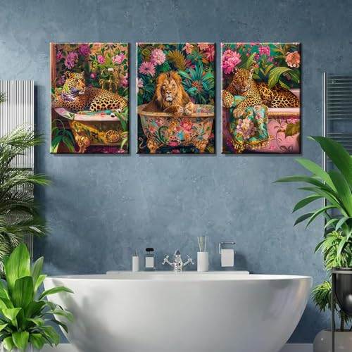 Large Bathroom Leopard Wall Art - 3 Piece Jungle Animal Canvas Prints 16x24in Framed - Variation of 24L x 16W