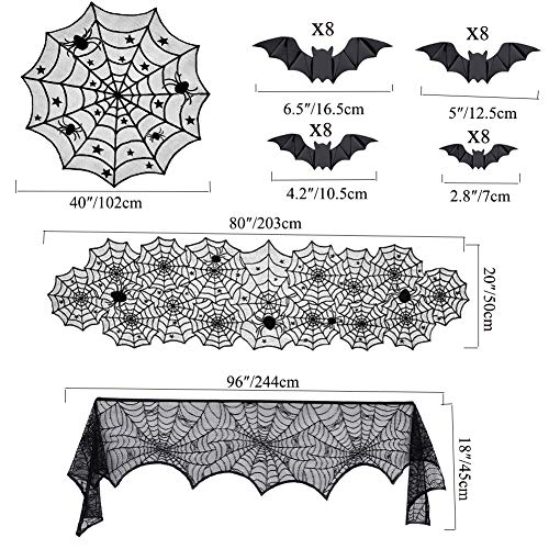 Halloween Decorations Set with Lace Web Table Runner & 3D Bats Wall Stickers - Black