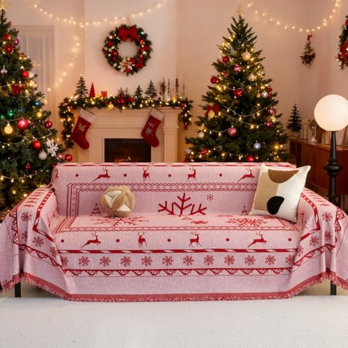 Christmas Sofa Cover with Tassels for 2-3 Cushion Couch - Red XX-Large 71x134 Inches
