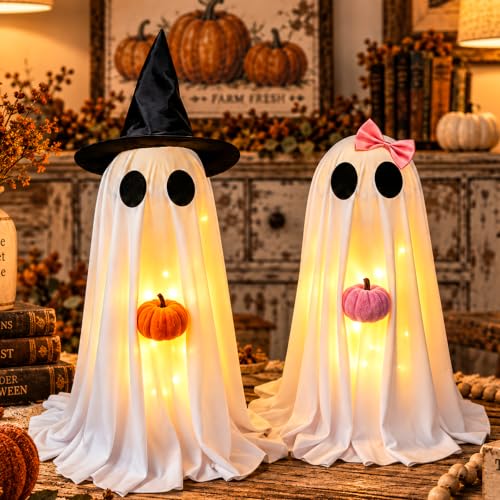 Halloween Ghost Decor Set - Lighted Indoor & Outdoor Spooky Couple Ghosts with Pumpkins