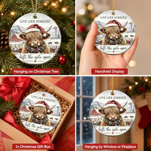 Highland Cow Christmas Ornament - Farmhouse Holiday Decor - Open Variation