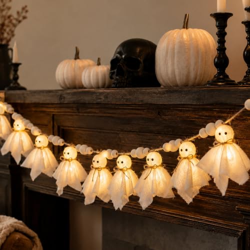 Halloween Ghost Garland with LED Lights - 10 Cute Spooky Party Banner, Indoor Decor