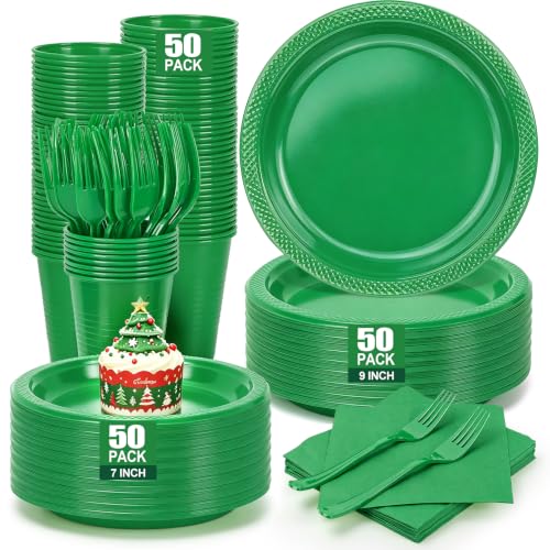 Green Plastic Party Plates and Napkins Set - 50 Pack, Halloween & Christmas Variations