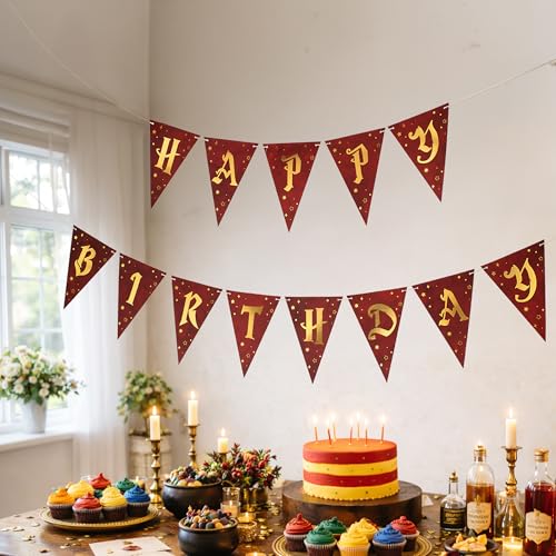 Happy Birthday Banner Set - Burgundy & Gold Wizard Theme Party Decorations