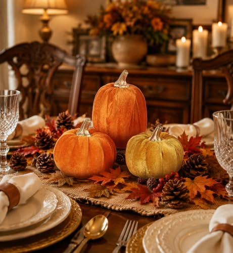 Artificial Mini Velvet Pumpkins Fall Decor - Orange Series, 3 Pack, Autumn Harvest Table Centerpieces