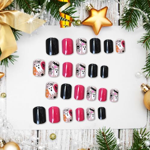 Halloween Ghost Spider Short Square Press-On Nails - Hot Pink Black, Reusable