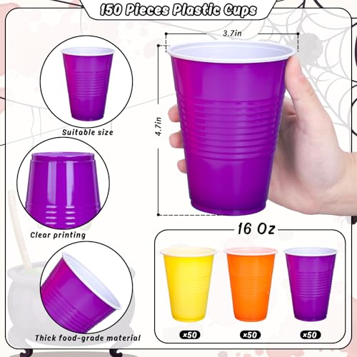 Halloween Plastic Cups 16oz - Hocus Pocus / Orange, Yellow, Purple - 150 Pack