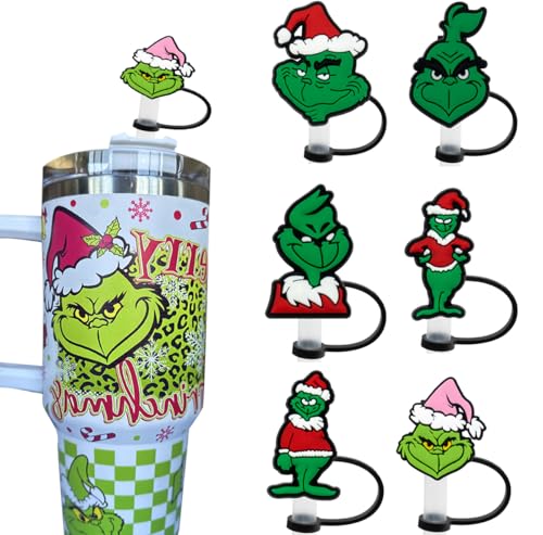 Christmas Straw Cover Caps for 30 & 40 Oz Tumblers - Reusable Silicone Straw Tips (6 Pack)