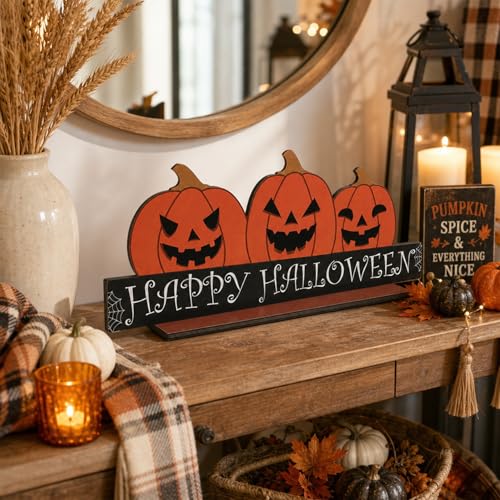 Halloween Double Sided Wooden Tabletop Decor Pumpkin Sign 12x5 Inch for Farmhouse & Seasonal Displays
