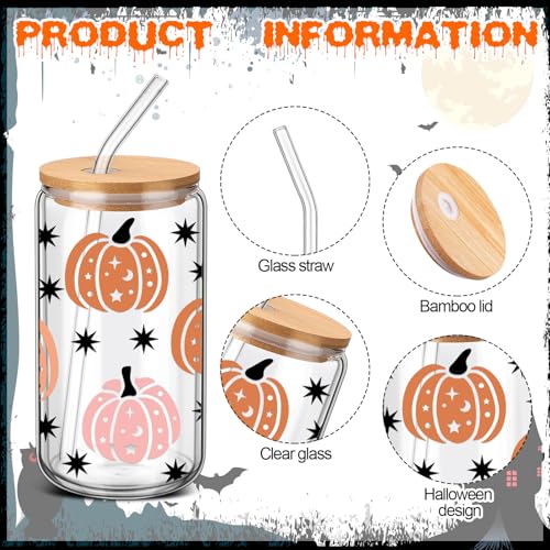 Halloween Ghost Glass Cups Set - 12 Pink Spooky 16oz Cups with Lids & Straws, Ghost Variation