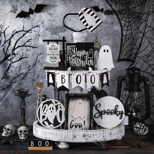 Halloween Ghost Tiered Tray Decorations Set - 19 Wooden Spooky Boo Figures