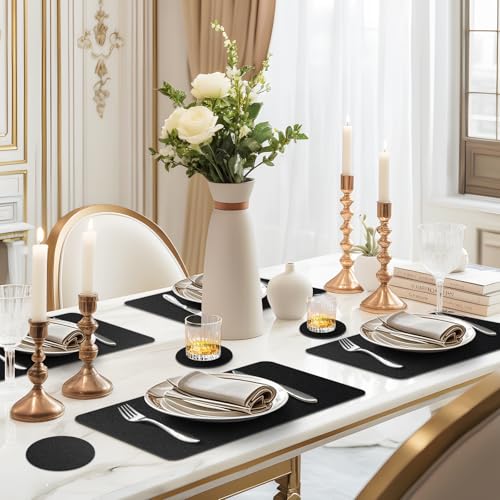 Black Vinyl Placemats Set of 6 - Waterproof & Heat Resistant Faux Leather
