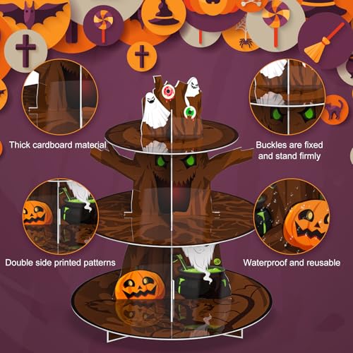 Tree Halloween Cupcake Stand 3-Tier Cardboard Decor Pumpkin Ghost Cat