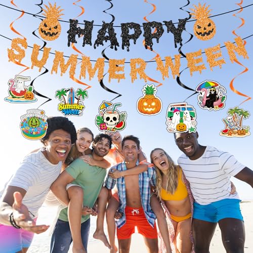Summer Ween Party Decorations - 10PCS Glitter Banners & Hanging Swirls, Halloween in Hawaii Theme