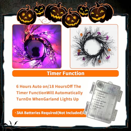 Halloween Garland with Lights Pumpkin Bat Ghost Indoor Decor - 8 Modes, Timer, 6.3FT