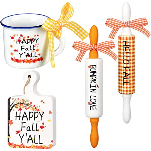 Fall Tiered Tray Decor Set - Mini Rolling Pins, Autumn Signs & Mug - Fall Style