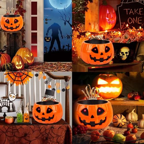 Animatronic Halloween Candy Bowl with Skeleton Hands and Glowing Eyes - Motion Activated Pumpkin Decor