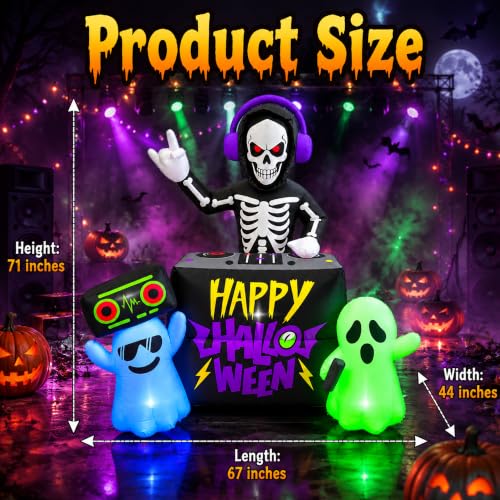 6FT Halloween Inflatable DJ Skeleton Yard Decor with Lights & Ghosts