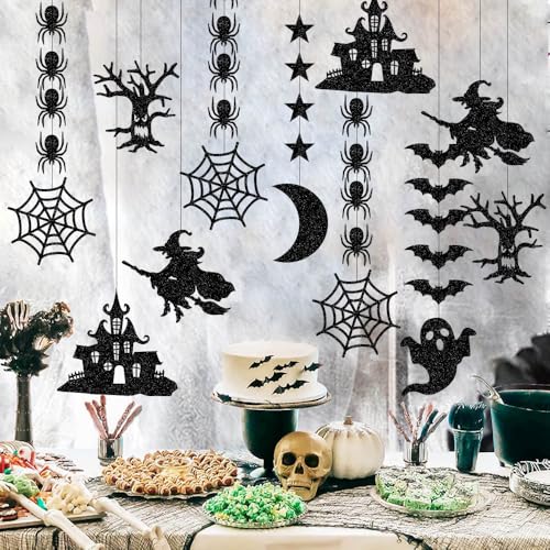 Halloween Hanging Garland Set - Bat Witch Spider Glitter Paper Decorations