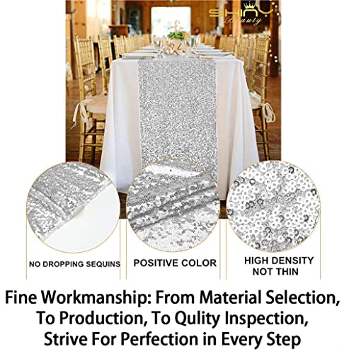 Sequin Tassel Table Runner 12x108 Inch Silver for Christmas and Events - ShinyBeauty