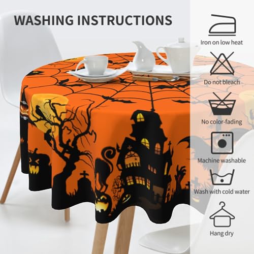Halloween Round Tablecloth 60 Inch Spooky Pumpkin Cat Web Bat Decor Variation 1