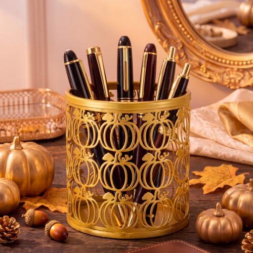 Golden Pumpkin Metal Pen & Makeup Brush Holder - Fall Desk Organizer