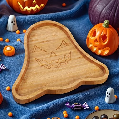 Ghost-Shaped Bamboo Serving Tray - Halloween Party Snack Platter, 10 Inch, Variation: Ghost