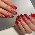 Red Halloween Fake Nails Long Acrylic Coffin Tips with Blood Drip Design - 24Pcs
