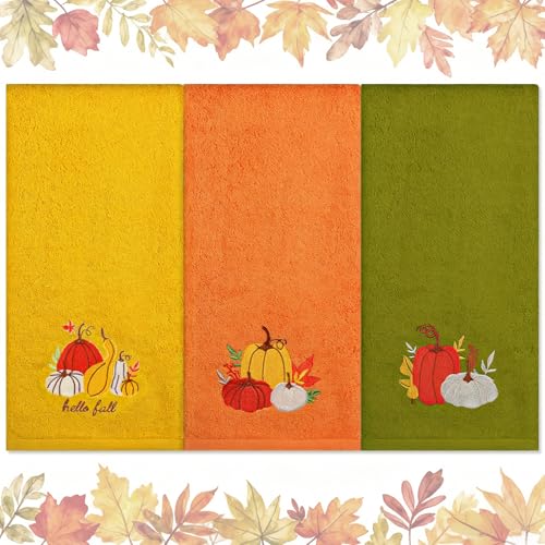 Autumn Thanksgiving Pumpkin Hand Towels Set of 3 - Cotton Kitchen & Bathroom Decor