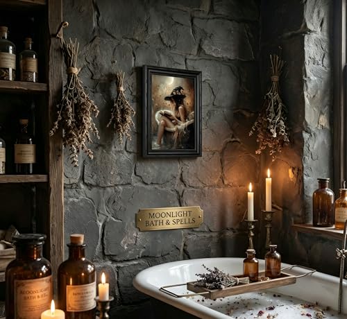 Halloween Witch Bathroom Canvas Wall Art - Framed 16x12 Inch Witch Reading Book in Bathtub - Gothic Home Decor