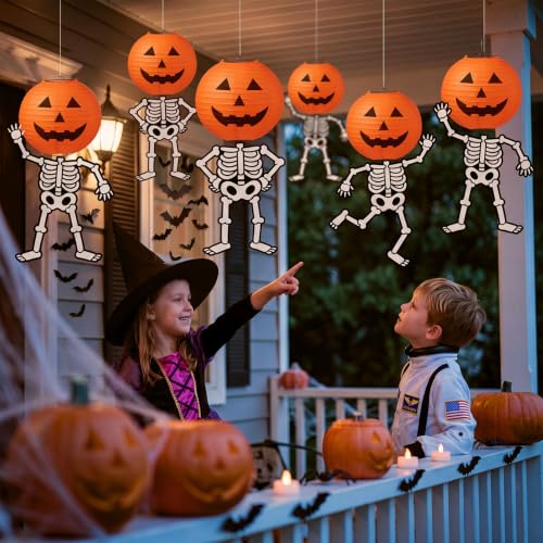 Halloween Pumpkin Lanterns and Skeleton Hanging Decorations - Spooky Party Decor