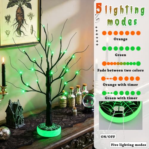 Green & Orange Halloween Spooky Tree Lighted Decor with 3D Spider Base