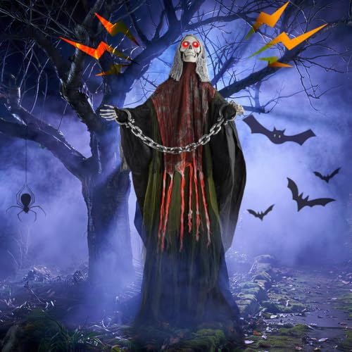 Red Halloween Skeleton with LED Red Glowing Eyes, Sound & Motion Activated, Swaying Body, Adjustable Arms, Yard & Indoor Decor