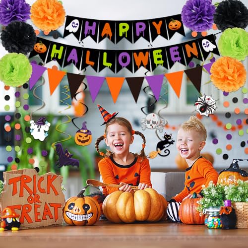 Halloween Party Decorations Set - Banner, Paper Pom Poms, Triangle Flags & Swirls - Halloween