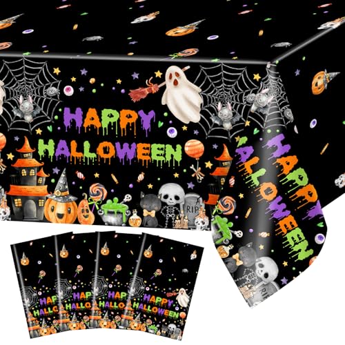 Avezano 4 Pack Halloween Tablecloths Ghost Pumpkin Haunted House Skeleton Party Decor