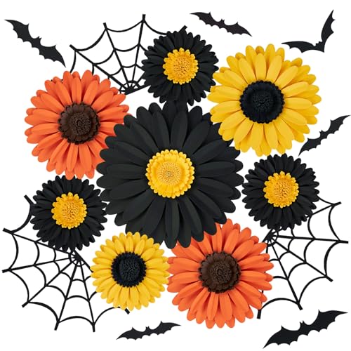 Halloween Daisy Paper Decorations for Office & Wall - Bats, Webs, Fall Flowers - Halloween Party Decor