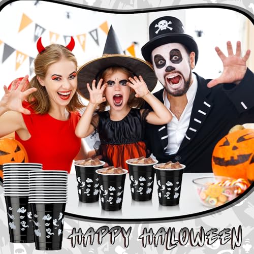 Ghost Halloween Party Plastic Cups 12 oz - Black, 50 Pack
