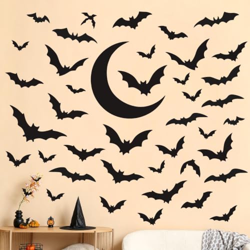 Halloween Bat Wall Decals Stickers Removable Moon Wall Decor - Black Variation
