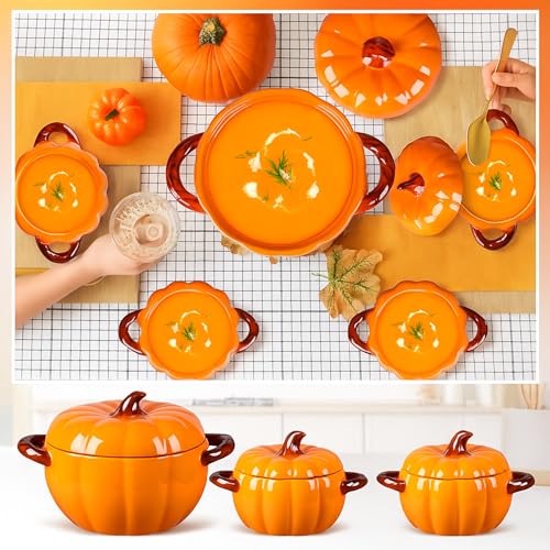 Orange Ceramic Pumpkin Bowls Set of 5 with Lids & Handles - Fall Decor
