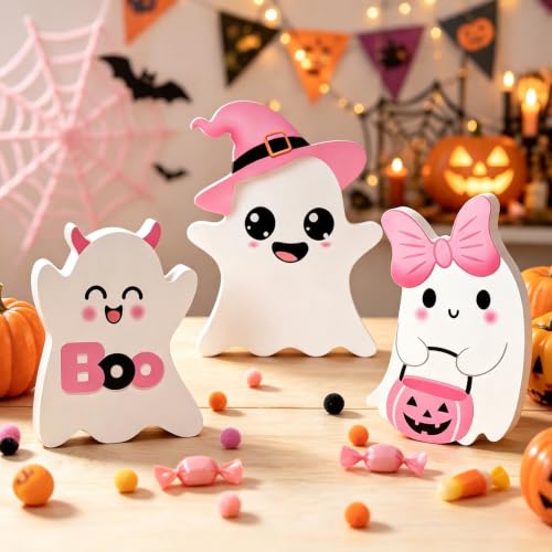 Pink Ghost Halloween Decor - 3 Pcs Wooden Table Centerpieces, Tiered Tray Signs