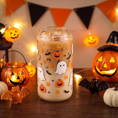 Halloween Ghost Glass Cup with Lid & Straw - Spooky Pumpkin Design - 16oz - Halloween Variation