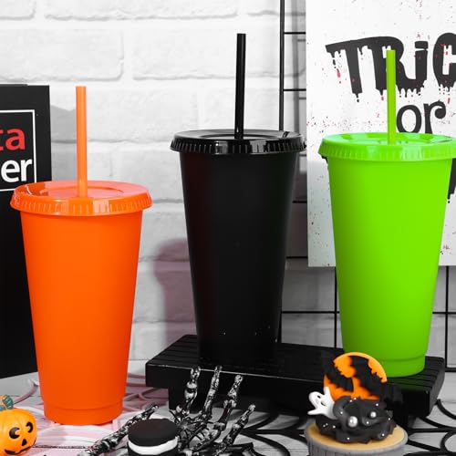 Halloween Plastic Cups Set with Lids and Straws - 24 Oz Reusable Drinkware - Black, Orange, Green - 12 Pack