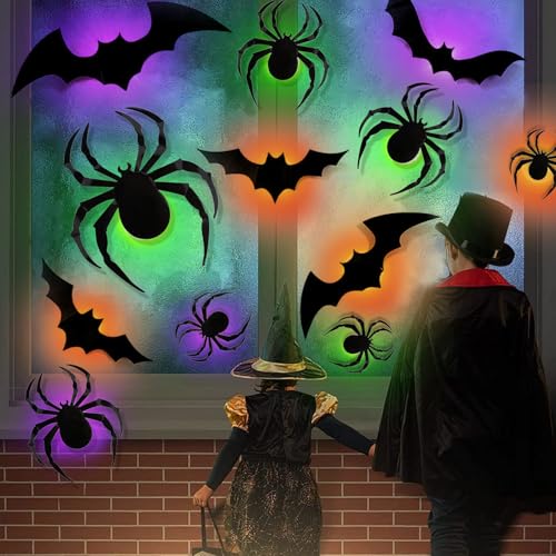 Halloween Wall Decor 3D LED Bats & Spiders Wall Stickers - 36 Pcs with Lights & Reusable Tape - Variation: 18 Bats + 18 Spiders