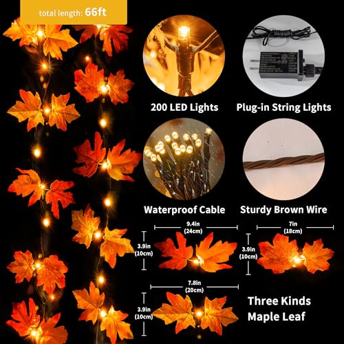 Yellow 66ft Maple Leaves Fall String Lights - 200 LED Autumn Decor for Indoor & Outdoor Halloween Thanksgiving