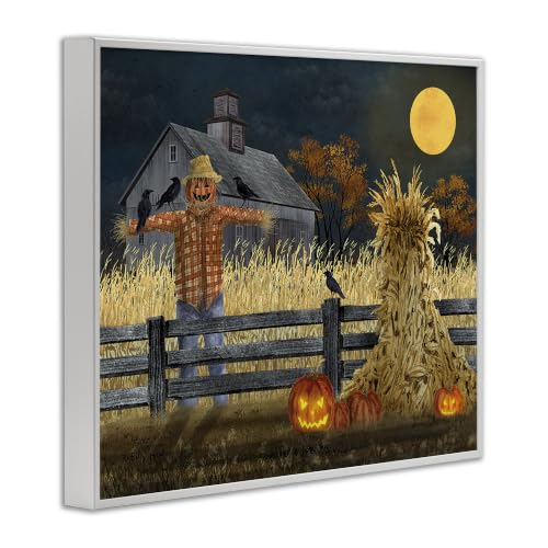 Halloween Farmhouse Scarecrow Wall Art Framed Giclée Print - 11x14 Inches Variation of Scarecrow Farmhouse Moonlight Pumpkin White 14Lx11W