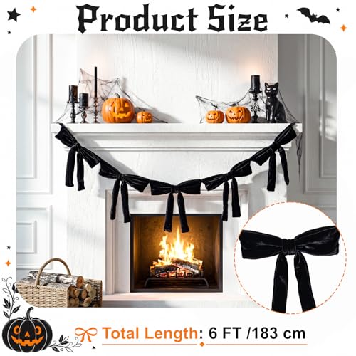 Black Velvet Garland with 5 Large Bows - 6 Ft Halloween Party Decor